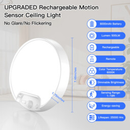 " New Upgraded Motion Sensor Ceiling Light, 8 Inch 500LM LED Ceiling Light with Remote, 8000mAh Battery Powered Rechargeable Dimmable Sensor Lights for Bathroom Garage Shed Loft Hallway Stair" - thumbnail 5