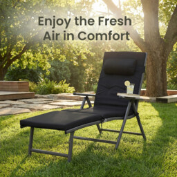 Ochama x SONGMICS Outdoor Lounge Chair, Multi-Level Adjustable Backrest, Lightweight Rust-Proof Aluminum Alloy Frame, Portable Folding Garden Chair with Padded Armrests, Full-Recline Size 60x183x97cm, Ideal for Patio, Poolside, Beach, Camping, Lawn, Black - thumbnail 2