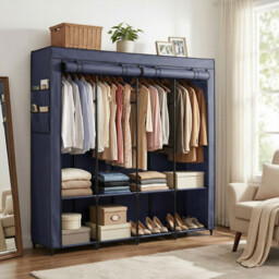 Ochama Freestanding Wardrobe with Heavy-Duty Steel Frame, Large Storage Closet Organizer with Multi-Tier Shelves and Full-Cover Dustproof Zippered Cover, 170x45x167cm Generous Capacity, Ideal for Living Room, Bedroom, Dorm, Apartment, Entryway, Blue - thumbnail 5