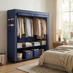 Ochama Freestanding Wardrobe with Heavy-Duty Steel Frame, Large Storage Closet Organizer with Multi-Tier Shelves and Full-Cover Dustproof Zippered Cover, 170x45x167cm Generous Capacity, Ideal for Living Room, Bedroom, Dorm, Apartment, Entryway, Blue - thumbnail 2