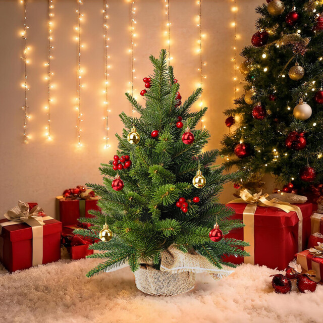 1 Pc 23.6in/60cm Mini Christmas Tree, Artificial Christmas Tree Indoor Small Christmas Table Decorated Christmas Tree with Red Berries and Christmas Baubles Artificial Tree Gift for Christmas Decoration Office Home - image 1