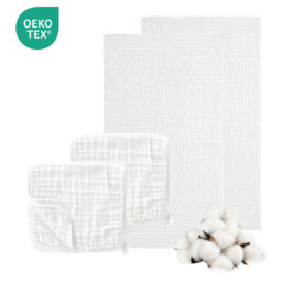 LeBonsoir 100% Cotton Towels Set， Muslin Cloths for Baby， Soft 6-Layer Cotton for Delicate Skin - Bath Towel 70 x 140 cm， Washcloth 30 x 50cm - Absorbent， Durable， Gentle Wash Cloth for Newborns and Toddlers - White，Pack of 4 ( 2pcs Bath Towels & 2pcs Washcloths) - thumbnail 1