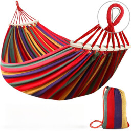 VXOYO Double Hammock with Spreader Bars, 200 × 100cm Rainbow Thick Canvas Hammock, Metal Reinforced Knots, 3m Strong Rope, Max Load 300kg - thumbnail 3