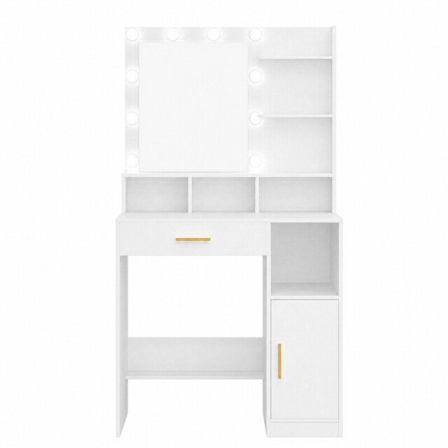 HaluPeit Dressing Table with Mirror and 10 Bulb Lights, Vanity Table, Makeup Vanity with 3 Shelves & 4 Open Compartments, Large Drawer & Cabinet, Adjustable Lighting Brightness, White