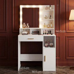 HaluPeit Dressing Table with Mirror and 10 Bulb Lights, Vanity Table, Makeup Vanity with 3 Shelves & 4 Open Compartments, Large Drawer & Cabinet, Adjustable Lighting Brightness, White - thumbnail 2