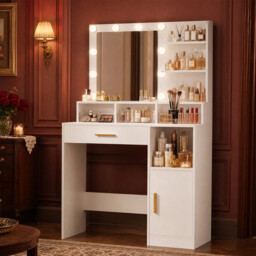 HaluPeit Dressing Table with Mirror and 10 Bulb Lights, Vanity Table, Makeup Vanity with 3 Shelves & 4 Open Compartments, Large Drawer & Cabinet, Adjustable Lighting Brightness, White - thumbnail 6
