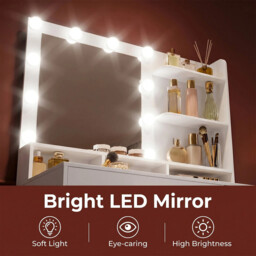 HaluPeit Dressing Table with Mirror and 10 Bulb Lights, Vanity Table, Makeup Vanity with 3 Shelves & 4 Open Compartments, Large Drawer & Cabinet, Adjustable Lighting Brightness, White - thumbnail 3