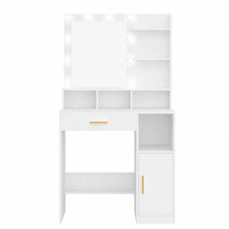 HaluPeit Dressing Table with Mirror and 10 Bulb Lights, Vanity Table, Makeup Vanity with 3 Shelves & 4 Open Compartments, Large Drawer & Cabinet, Adjustable Lighting Brightness, White