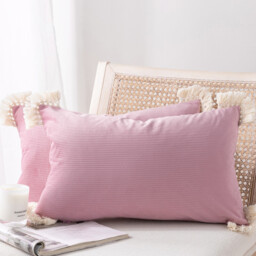Phantoscope Pack of 2 Corduroy Soft Pillow Covers Decorative Striped Velvet Throw Pillows with Cotton Tassels Ultra Solid Cushion Covers Pillowcases,Light Purple 30 x 50cm - thumbnail 1