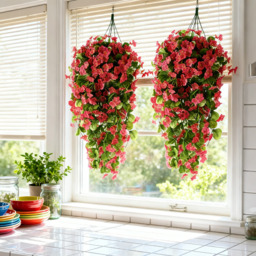 Yuejia 2PCS 30.7in/78cmArtificial Fake Hanging Flowers Plants for Outdoor Spring Summer Decoration, Faux Silk Violet Look Real Trailing Vines for Outside Home Planter Porch Patio(Rose Red) - thumbnail 2