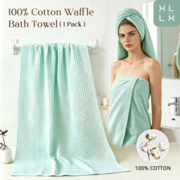 XLLX 1PC Bath Towel, 100% Cotton, Soft & Quick Drying - Waffle Structure, Very Large - 70 x 140 cm, Modern, High-Quality Design, Light Blue