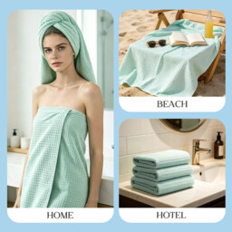 "Lebonsoir 1PC Bath Towel, 100% Cotton, Soft & Quick Drying - Waffle Structure, Very Large - 70 x 140 cm, Modern, high-quality design, Light blue " - thumbnail 6