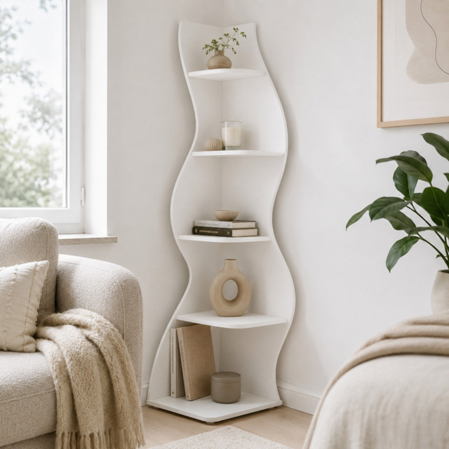 LANTINE Corner Shelf, Modern 5-Tier Wall Corner Bookshelf, Stylish Corner Small Bookcase Storage Rack Plant Stand with Unique Shape for Living Room, Home Office (White, 1PC)