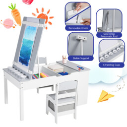GRAVFORCE Kids Art Table and Chair Set, Wooden Toddler Craft Easel Desk with 2-Tier Open Shelf, Storage Bins, Paper Roll, Paint Cups, Children Play Activity Furniture, Grey - thumbnail 5