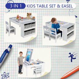 GRAVFORCE Kids Art Table and Chair Set, Wooden Toddler Craft Easel Desk with 2-Tier Open Shelf, Storage Bins, Paper Roll, Paint Cups, Children Play Activity Furniture, Grey - thumbnail 3