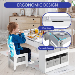 GRAVFORCE Kids Art Table and Chair Set, Wooden Toddler Craft Easel Desk with 2-Tier Open Shelf, Storage Bins, Paper Roll, Paint Cups, Children Play Activity Furniture, Grey - thumbnail 6