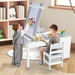 GRAVFORCE Kids Art Table and Chair Set, Wooden Toddler Craft Easel Desk with 2-Tier Open Shelf, Storage Bins, Paper Roll, Paint Cups, Children Play Activity Furniture, Grey - thumbnail 7