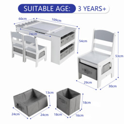 GRAVFORCE Kids Art Table and Chair Set, Wooden Toddler Craft Easel Desk with 2-Tier Open Shelf, Storage Bins, Paper Roll, Paint Cups, Children Play Activity Furniture, Grey - thumbnail 2