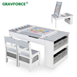 GRAVFORCE Kids Art Table and Chair Set, Wooden Toddler Craft Easel Desk with 2-Tier Open Shelf, Storage Bins, Paper Roll, Paint Cups, Children Play Activity Furniture, Grey - thumbnail 1