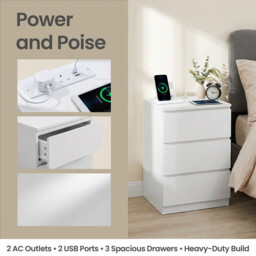 JOYFURNOS Nightstand with Charging Station, Bedside Table, Side End Table with 3 Drawers, for Bedroom, White - thumbnail 4