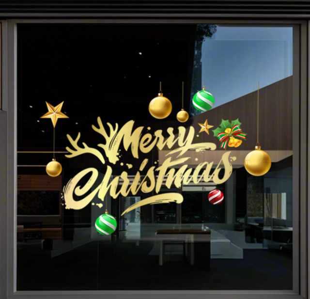 JU7CER Large Christmas Happy Window Stickers Decoration - Golden Balls and Letter Design, Holiday Window Decoration, Reusable Christmas Window Decoration (Merry Christmas) - image 1