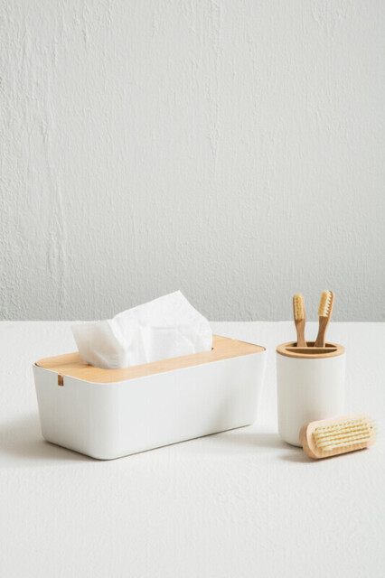 Maison by Premier White Ceramic Toothbrush Holder, Bamboo Accent Cylindrical Holder For Storage, Porcelain Toothbrush Stand - image 1