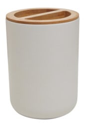 Maison by Premier White Ceramic Toothbrush Holder, Bamboo Accent Cylindrical Holder For Storage, Porcelain Toothbrush Stand - thumbnail 3