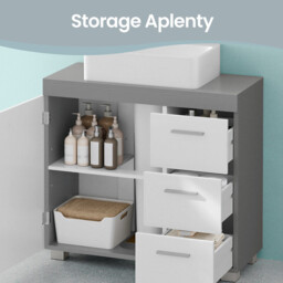 Ochama Bathroom Vanity Unit with 3 Side Drawers – Cloud White & Dove Grey, 30 x 70 x 64 cm, 2 Compartments Behind the Door, Includes Feet – For Pedestal Washbasins - thumbnail 5