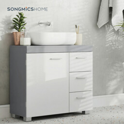 Ochama Bathroom Vanity Unit with 3 Side Drawers – Cloud White & Dove Grey, 30 x 70 x 64 cm, 2 Compartments Behind the Door, Includes Feet – For Pedestal Washbasins - thumbnail 7