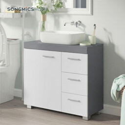 Ochama Bathroom Vanity Unit with 3 Side Drawers – Cloud White & Dove Grey, 30 x 70 x 64 cm, 2 Compartments Behind the Door, Includes Feet – For Pedestal Washbasins - thumbnail 3