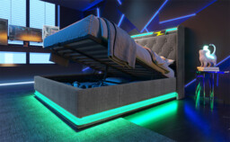 URBAN MEUBLE LED Ottoman Bed Frame King Size 5ft Hydraulic Storage Linen Grey with USB Charging, 150x200cm - thumbnail 2