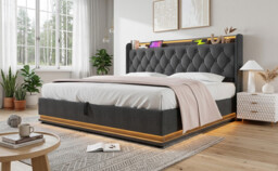 URBAN MEUBLE LED Ottoman Bed Frame King Size 5ft Hydraulic Storage Linen Grey with USB Charging, 150x200cm - thumbnail 4