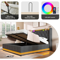 URBAN MEUBLE LED Ottoman Bed Frame King Size 5ft Hydraulic Storage Linen Grey with USB Charging, 150x200cm - thumbnail 3