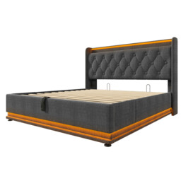 URBAN MEUBLE LED Ottoman Bed Frame King Size 5ft Hydraulic Storage Linen Grey with USB Charging, 150x200cm