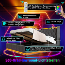 URBAN MEUBLE LED Ottoman Bed Frame King Size 5ft Hydraulic Storage Linen Grey with USB Charging, 150x200cm - thumbnail 5