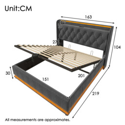 URBAN MEUBLE LED Ottoman Bed Frame King Size 5ft Hydraulic Storage Linen Grey with USB Charging, 150x200cm - thumbnail 7
