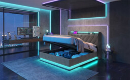 URBAN MEUBLE LED Ottoman Bed Frame King Size 5ft Hydraulic Storage Linen Grey with USB Charging, 150x200cm - thumbnail 6