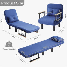 mcc direct 4 in 1 Folding Single Sofa Bed Convertible Lounge Sleeper Chair with Adjustable Backrest and 1 Tufted Cushion, Sleeper Recliner Armchair for Living Room, Bedroom, Guest Room (Blue) - thumbnail 6