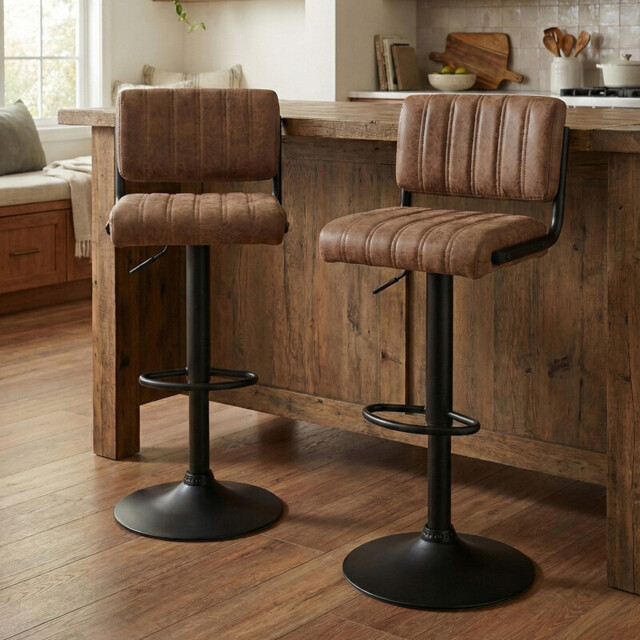 Bar Stools Paris Faux Distressed Leather Adjustable Height Brown 2pcs - image 1