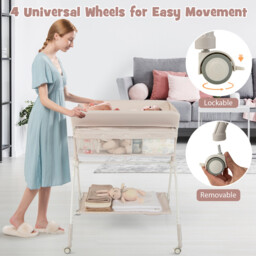 Diaper Changing Station with 3 Position Adjustable Level and 4 Universal Wheels-Natural - thumbnail 5