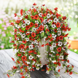 4Pcs 29.5in/75cm Artificial Faux Hanging Flowers Plants for Outdoor Decor Outside Fake Mums Violets with Eucalyptus Realistic Daisy Trailing Vines for Yard Balcony Porch Decor (Red & White)