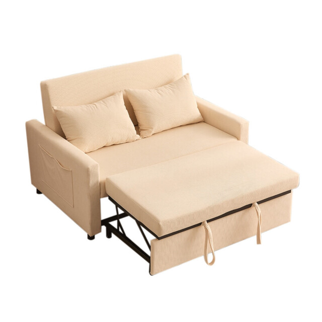 2 Seater Sofa Bed, 3-in-1 Convertible Pull Out Sleeper Sofa, Corduroy Fabric Love Seat with Adjustable Backrest & Side Pockets, Beige - image 1