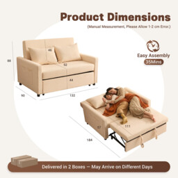 2 Seater Sofa Bed, 3-in-1 Convertible Pull Out Sleeper Sofa, Corduroy Fabric Love Seat with Adjustable Backrest & Side Pockets, Beige - thumbnail 2