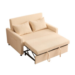 2 Seater Sofa Bed, 3-in-1 Convertible Pull Out Sleeper Sofa, Corduroy Fabric Love Seat with Adjustable Backrest & Side Pockets, Beige
