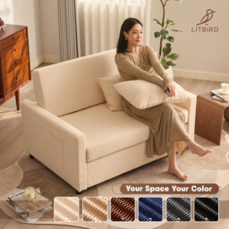 2 Seater Sofa Bed, 3-in-1 Convertible Pull Out Sleeper Sofa, Corduroy Fabric Love Seat with Adjustable Backrest & Side Pockets, Beige - thumbnail 3