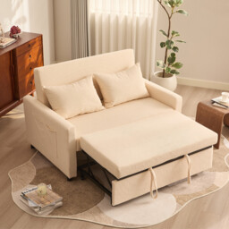 2 Seater Sofa Bed, 3-in-1 Convertible Pull Out Sleeper Sofa, Corduroy Fabric Love Seat with Adjustable Backrest & Side Pockets, Beige - thumbnail 4