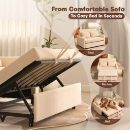2 Seater Sofa Bed, 3-in-1 Convertible Pull Out Sleeper Sofa, Corduroy Fabric Love Seat with Adjustable Backrest & Side Pockets, Beige - thumbnail 5