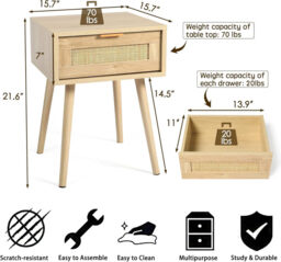 GRAVFORCE Bedside Table Set of 2 Modern Side End Table with Drawers Slim Bedside Tables for Bedroom Living Room Solid Wood Legs 1 Drawer - thumbnail 5