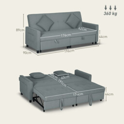 Homcom Sofa Bed 3 Seater Fold Out with 2 Cushions Grey - thumbnail 3