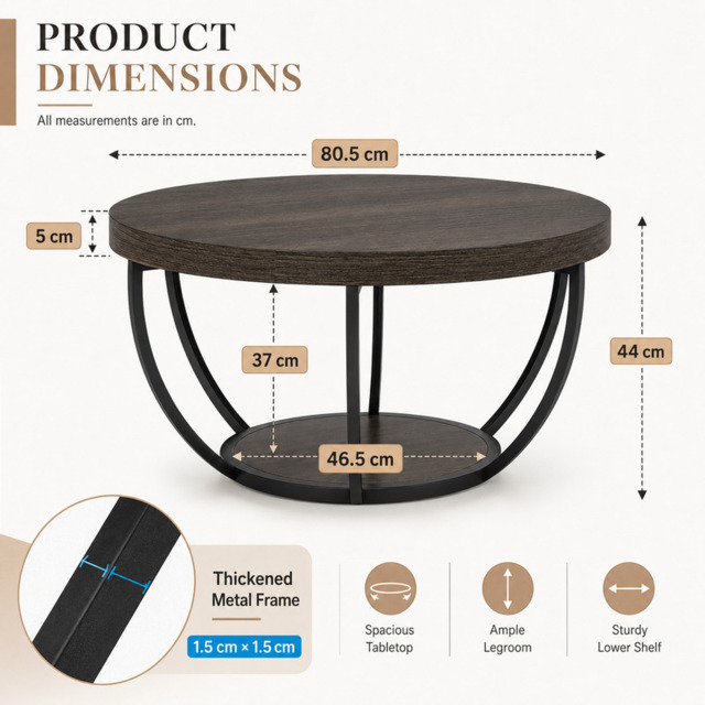 LANTINE Round Coffee Table, 80cm Wooden 2-Tier Circle Coffee Table with Storage Shelves, Modern Accent Cocktail Table Center Table for Living Room, Grey - image 1